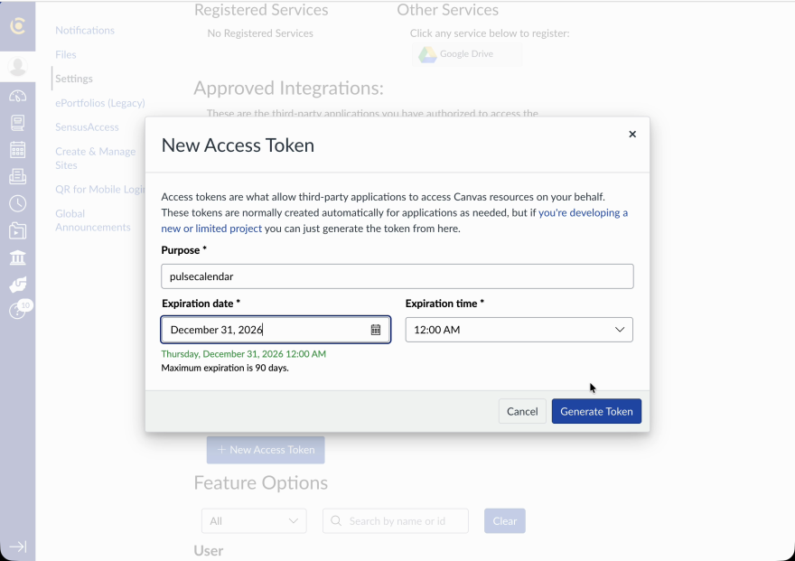 New Access Token dialog with purpose, a date, and Generate Token