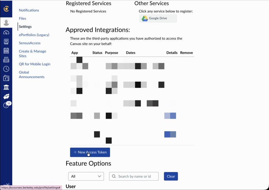 New Access Token button under Approved Integrations