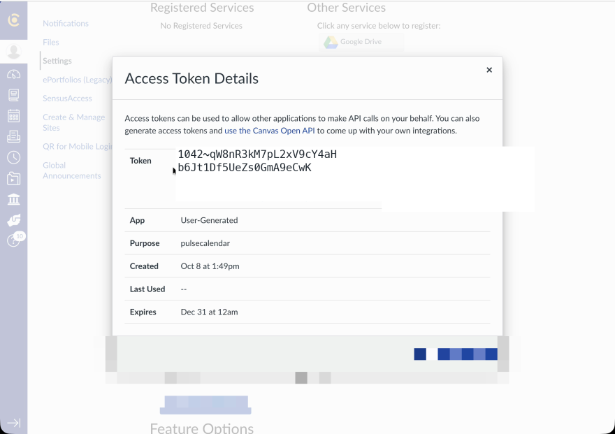 The access token Canvas shows once